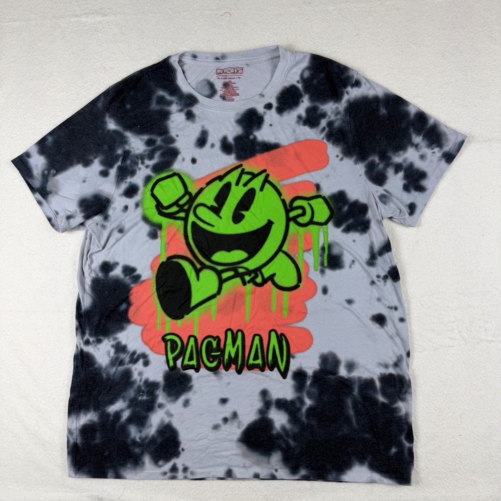 Pac-Man‎ Tie Dye Graphic T-Shirt Mens XL Grey Black Neon Green C-Life Group